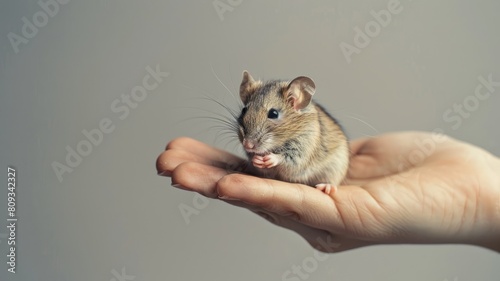 Small brown and white mouse sitting calmly on person's open hand against neutral background