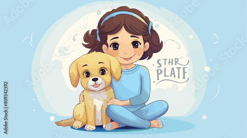 Squared banner with happy kid girl holding puppy fl
