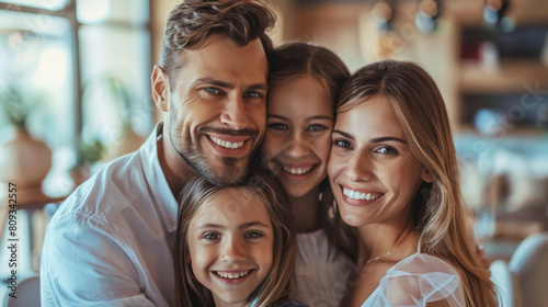 Portrait of a smiling family with two children, showing happiness and closeness in a cozy home setting.