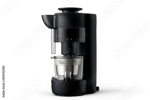 A compact juicer with a sleek black finish and a removable juice pitcher isolated on a solid white background.
