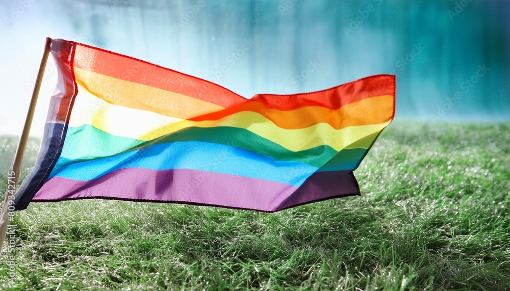 gay rainbow flag on a green meadow outdoors