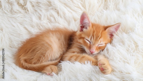 red kitten cat sleeping cute on white fur © Lauren