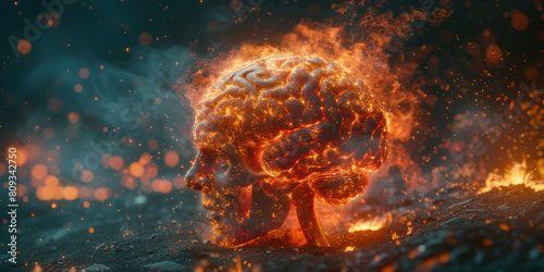 Flaming human brain illustration depicting intense ideas and creativity in a fiery concept #809342750