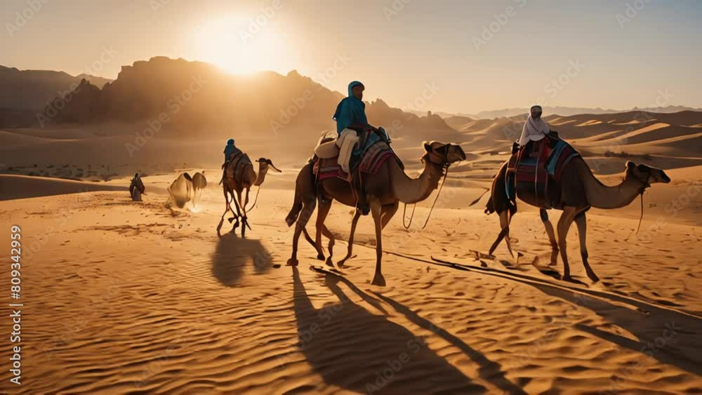 People riding camels are dressed in traditional white oriental garb. People riding camels are dressed in traditional white oriental garb.
