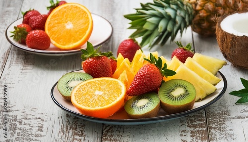 a plate of fruit including oranges kiwis strawberries and pineapples on a table