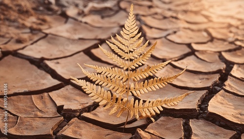 golden fern leaf on cracked earthy background