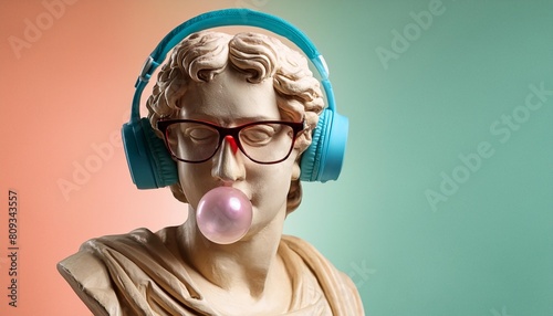 bust of an ancient greek stone statue in a modern concept on a bright pastel background sculpture with glasses headphones bubble gum for creative advertising