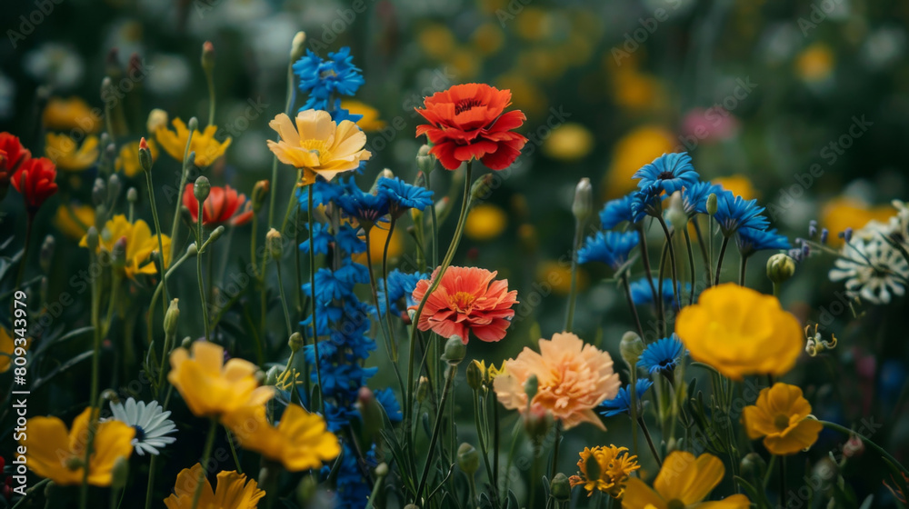 Close-up of a garden showcasing a variety of colorful flowers, including blue, yellow, and red blooms.