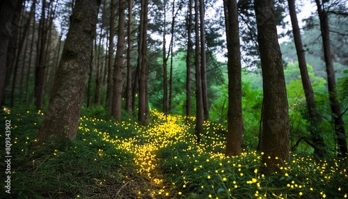 fireflies in night forest