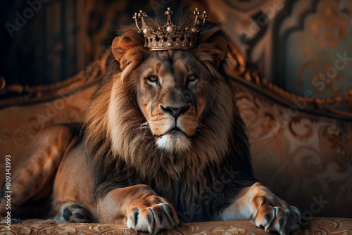 Majestic Lion King Wearing Ornate Crown in Fantastical Storybook like Ambiance with Ornamental Background