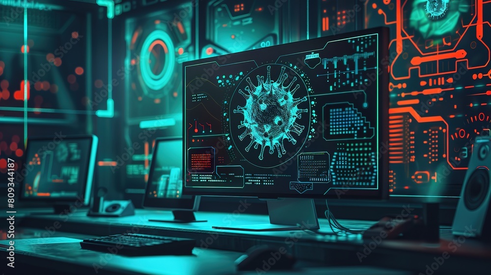 Fototapeta premium Cyber Crime Attack system Hacking Device infected with the virus on computer screen design vector illustration.