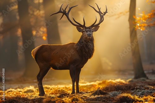 Majestic Stag Silhouetted in Enchanting Misty Forest Landscape with Warm Golden Lighting