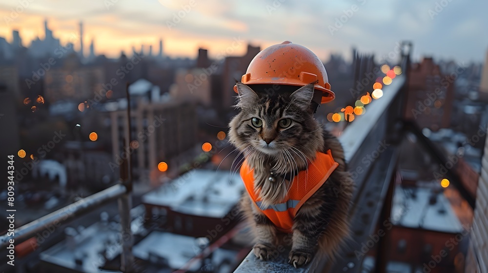 Feline Foreman Feline Construction Worker Stands Atop Metal Beam Overlooking Cityscape