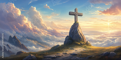 A serene landscape with a large cross prominently placed on a rocky outcropping  overlooking a valley and mountains under a cloud-filled sky at sunset.