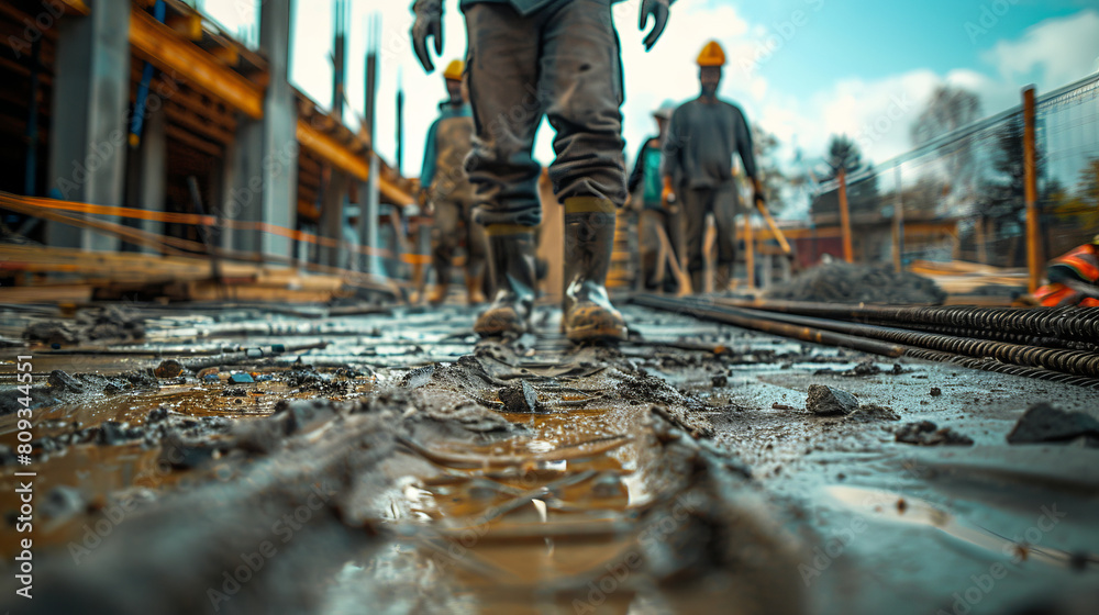 Construction workers walking through a muddy and wet site with protective gear and tools. Construction workers walking through a muddy and wet site with protective gear and tools.
