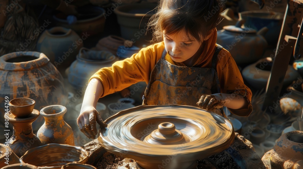 A child is engaging in pottery, appearing focused as hands shape the clay on a spinning wheel amidst ceramic works. realistic