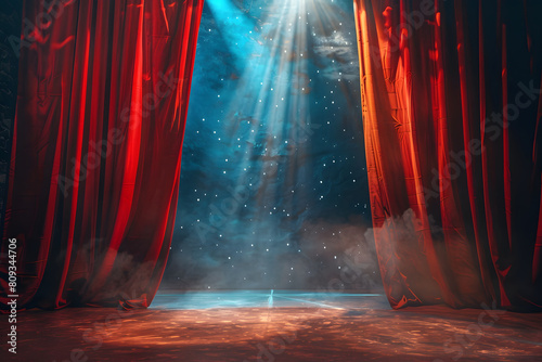 Glittering performance stage with spotlight and curtains, background for circus or music show © Kenishirotie