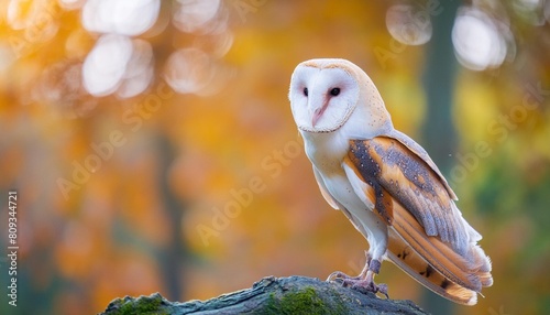 barn owl tyto alba sitting in a tree with autumn colors in the background in noord brabant in the netherlands photo