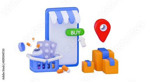 3D online pharmacy store Buy medical pills shopping concept Medicine ordering mobile phone Healthcare Drug store and e-commerce