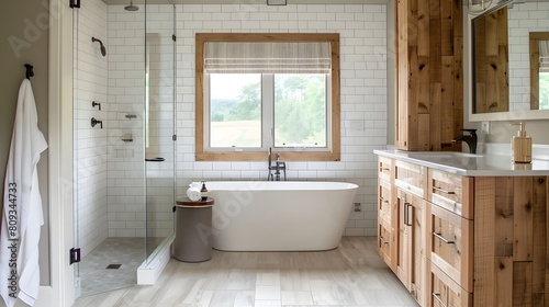 Spacious bathroom with a freestanding tub and glass shower  featuring wooden cabinets and white tile. 