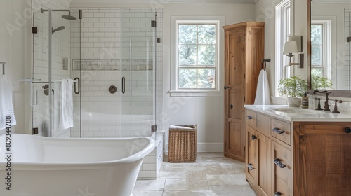 Spacious bathroom with a freestanding tub and glass shower  featuring wooden cabinets and white tile. 