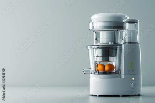 A compact juicer with a transparent pulp container and a built-in safety lock system isolated on a solid white background. photo