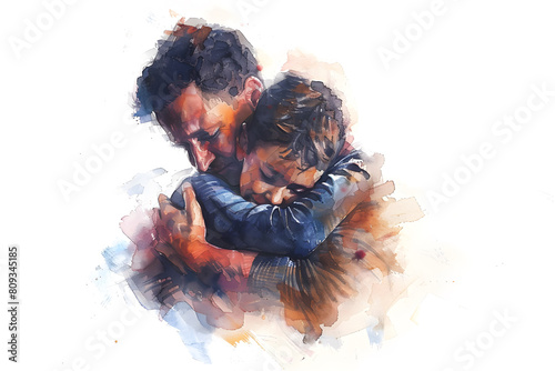 Happy father and little kid boy hugging father and son warm relations concept