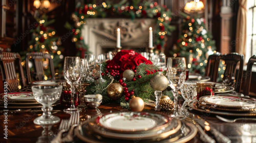 Lavish Christmas dining table setup with festive decorations, candles, and a beautifully adorned tree in the background. Lavish Christmas dining table setup with festive decorations, candles, and a beautifully adorned tree in the background.