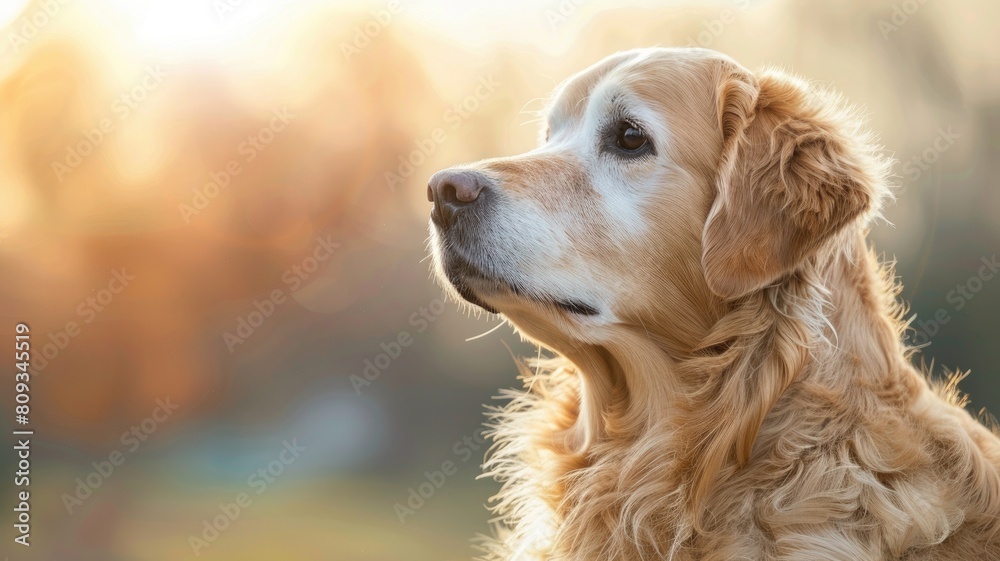 Golden retriever dog gazing to side in warm sunlight Golden retriever dog gazing to side in warm sunlight