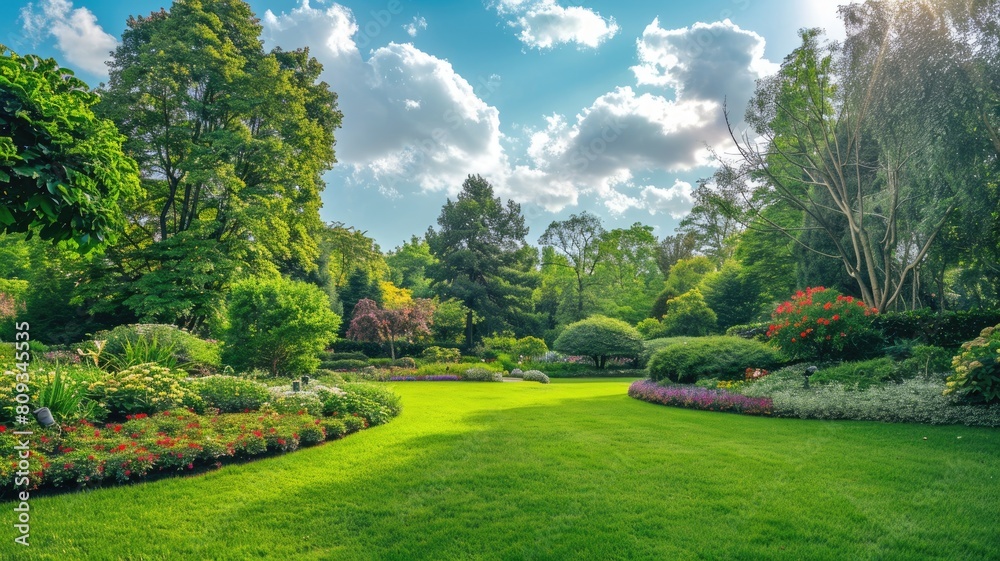 Well-manicured vibrant garden with lush greenery and colorful flowers under sunny sky Well-manicured vibrant garden with lush greenery and colorful flowers under sunny sky