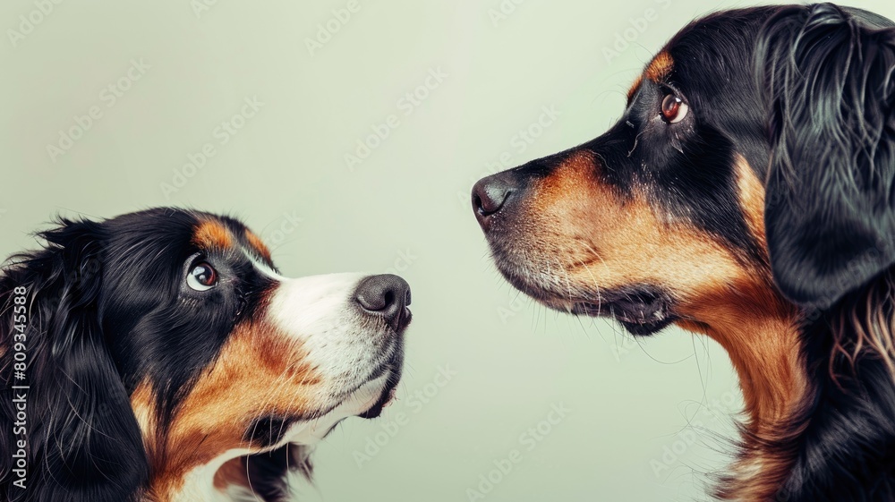 Two dogs facing each other against grey background