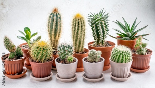 group of various indoor cacti and succulent plants in pots isolated on a white background