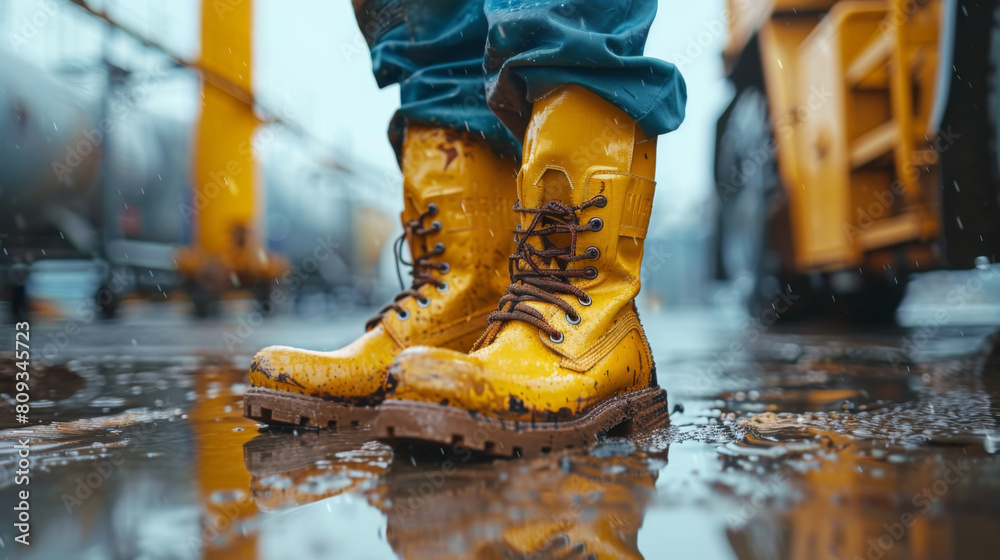 Close-up of yellow boots walking through a puddle on a rainy day near construction vehicles. Close-up of yellow boots walking through a puddle on a rainy day near construction vehicles.