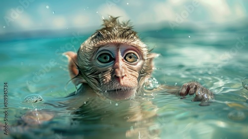 Young macaque monkey swimming with head above water photo
