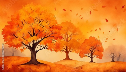 watercolor bright autumn trees orange background fall leaf © Aedan