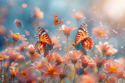 The graceful dance of colorful butterflies flitting among blossoming flowers in a lush garden. Concept of natural grace and elegance. Generative Ai. © Sebastian