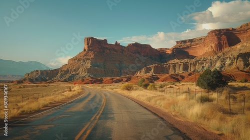 Winding road leading through rugged desert landscape with red rock formations under blue sky