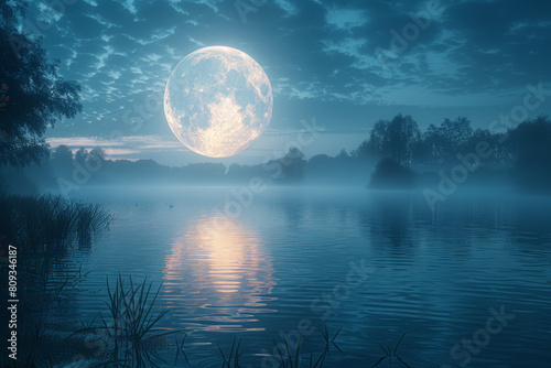 The ethereal glow of a full moon casting its silver light over a tranquil lake, creating a mesmerizing reflection. Concept of nocturnal beauty. Generative Ai. © Sebastian
