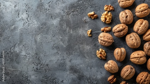 Assortment of whole and shelled walnuts on textured gray surface with copy space