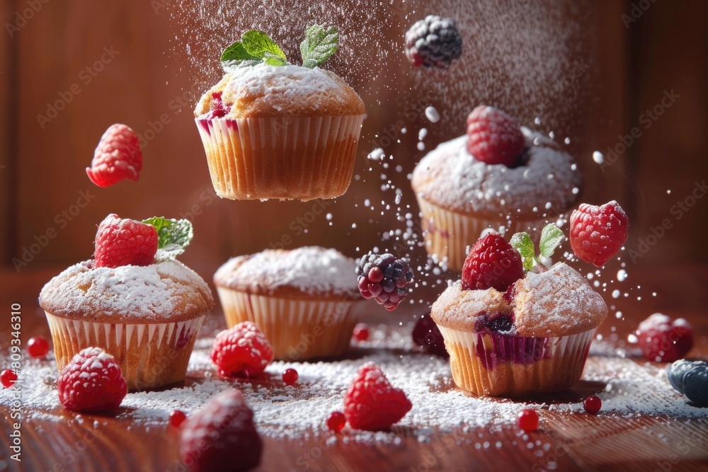 Levitating Muffins Adorned with Mint Leaves and Berries Against Warm Cherry Wood Backdrop with Illumination Levitating Muffins Adorned with Mint Leaves and Berries Against Warm Cherry Wood Backdrop with Illumination