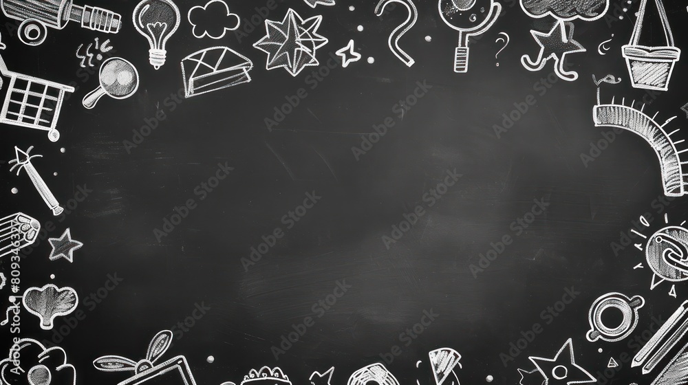 Whimsical kindergarten icons adorn the blackboard background. Perfect for early childhood settings.