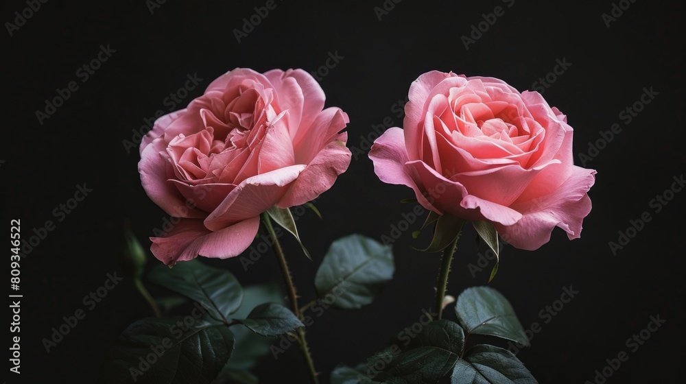 Two big pink roses during the day against a dark backdrop Two big pink roses during the day against a dark backdrop