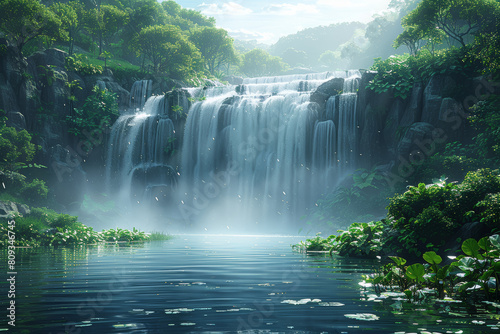A cascading waterfall framed by lush greenery and mist  creating a serene and picturesque scene. Concept of natural wonder. Generative Ai.