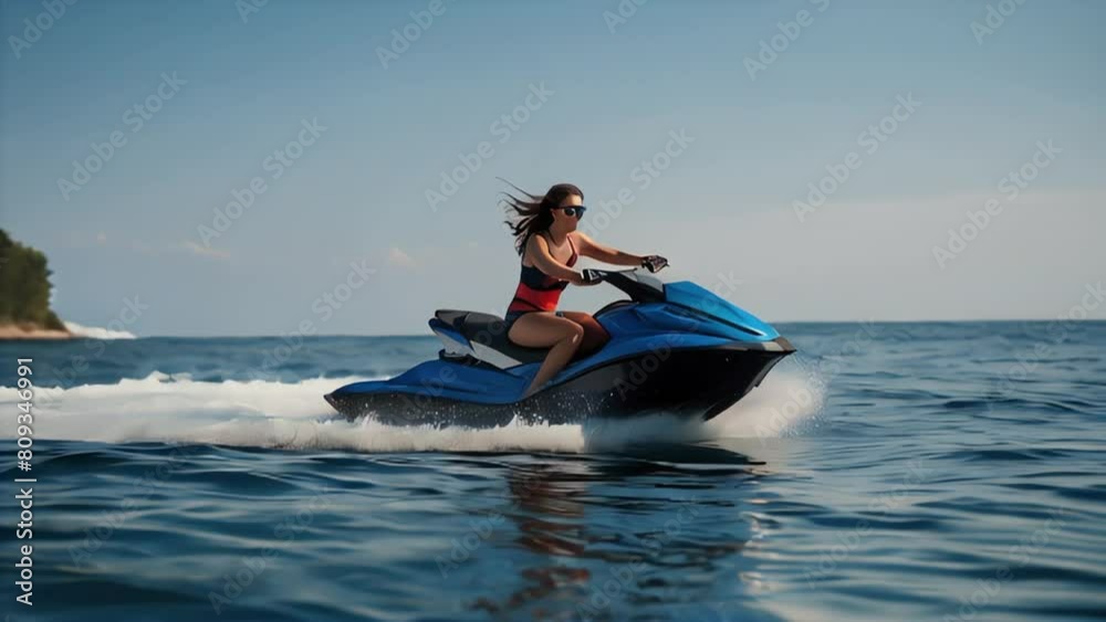 A swimsuit-clad young white woman glides across the blue water on a jet ski. A swimsuit-clad young white woman glides across the blue water on a jet ski.