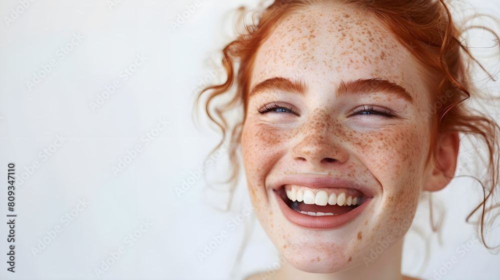 Woman portrait. Happiness. Beautiful blue eyed girl with freckles is looking away and laughing, on a white background Woman portrait. Happiness. Beautiful blue eyed girl with freckles is looking away and laughing, on a white background