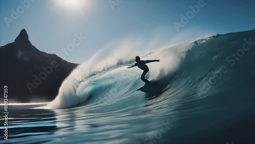 Young man riding the waves on a surfboard photo