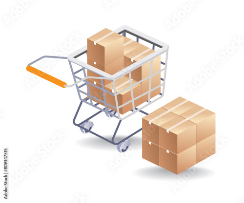 Cardboard with shopping trolley infographic flat isometric 3d illustration