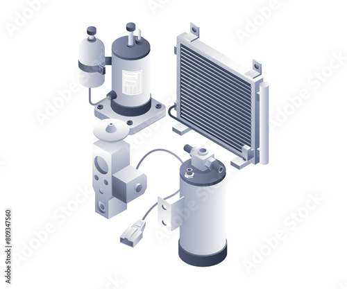 Car AC parts infographic system, flat isometric 3D illustration