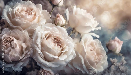 romantic vintage background with pastel roses in a dreamy soft focus floral display