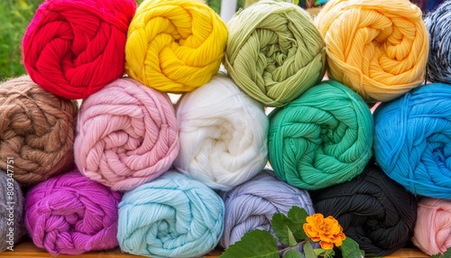 natural wool fiber in the balls of different bright beautiful color merino wool for handmade knitting felting close up